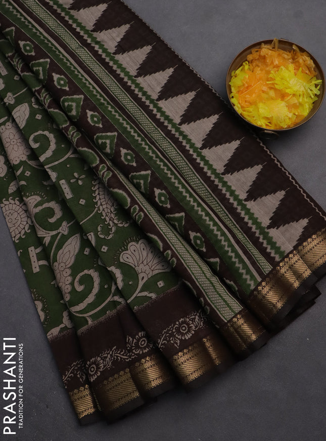 Semi maheshwari cotton saree sap green and brown with allover prints and zari woven border