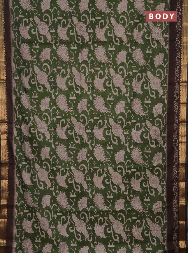 Semi maheshwari cotton saree sap green and brown with allover prints and zari woven border