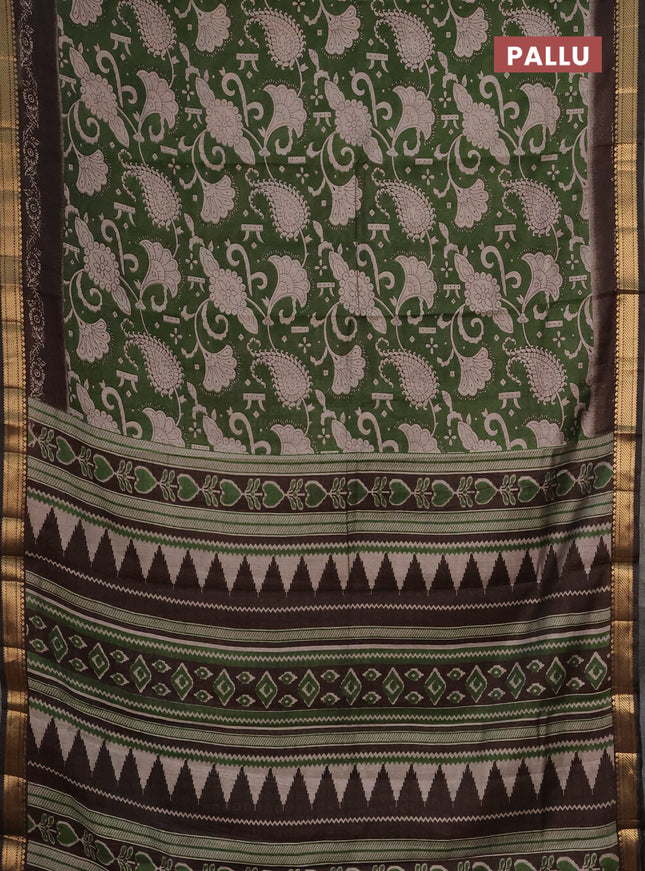 Semi maheshwari cotton saree sap green and brown with allover prints and zari woven border