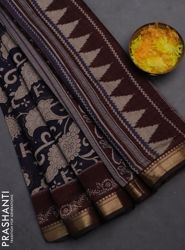 Semi maheshwari cotton saree navy blue and deep maroon with allover prints and zari woven border