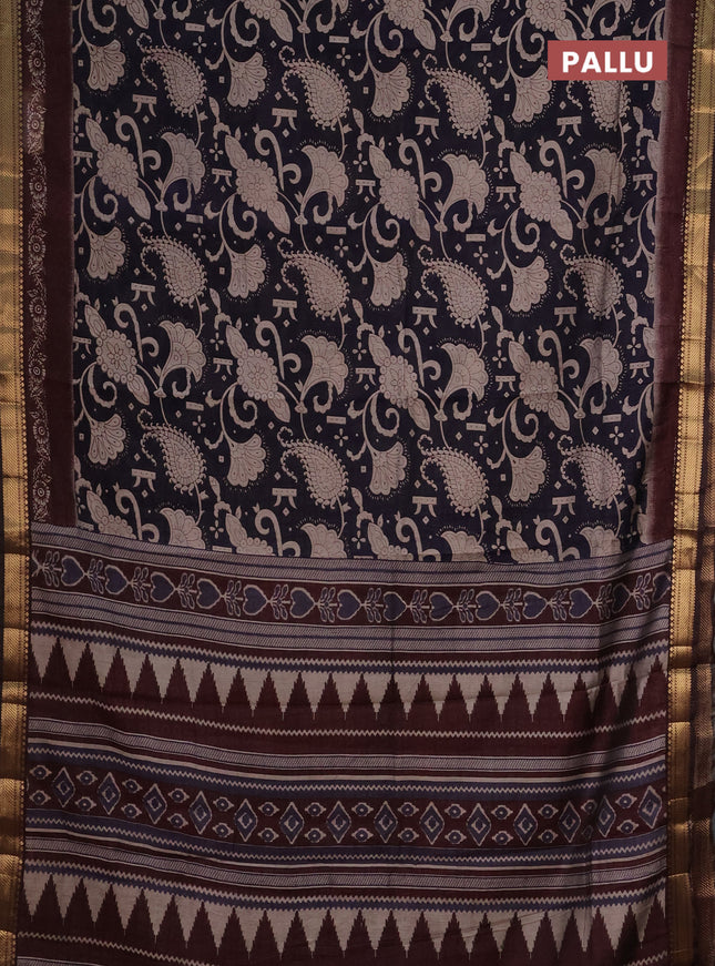 Semi maheshwari cotton saree navy blue and deep maroon with allover prints and zari woven border