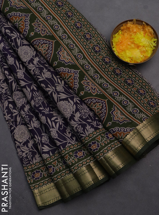 Semi maheshwari cotton saree navy blue and green with allover floral prints and zari woven border
