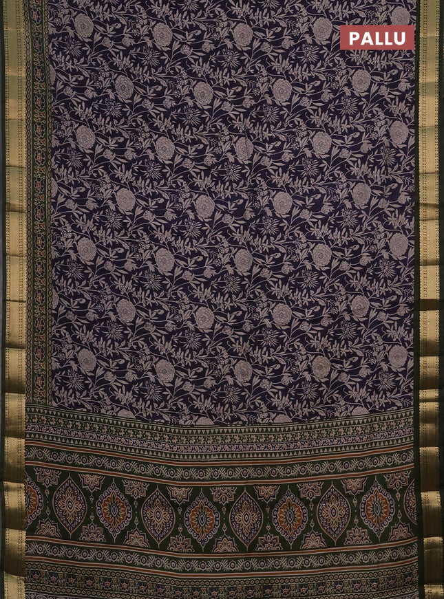 Semi maheshwari cotton saree navy blue and green with allover floral prints and zari woven border