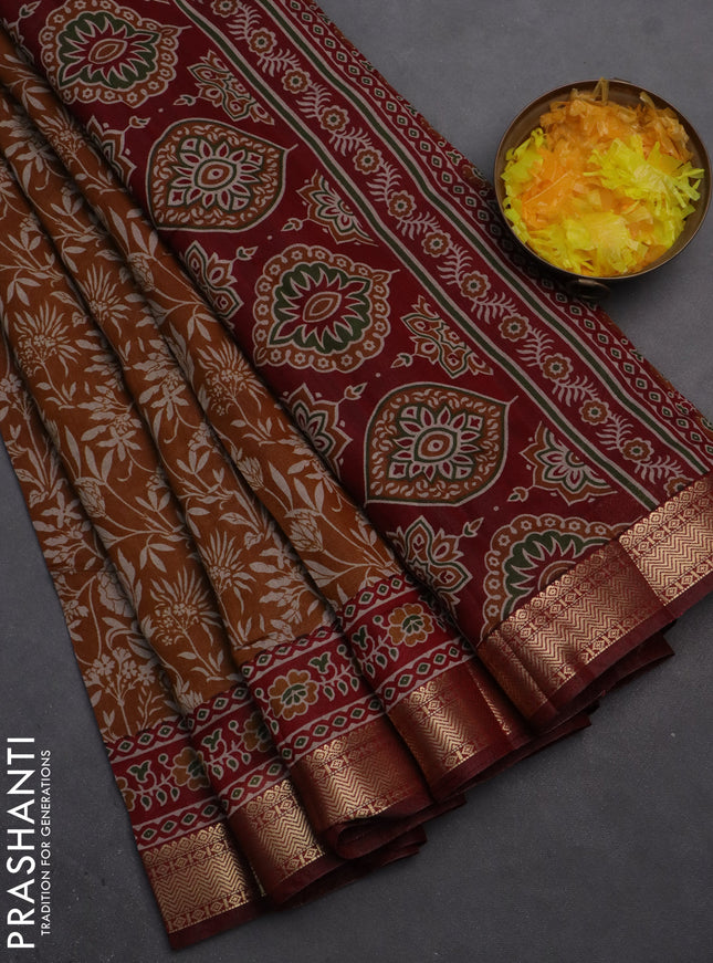 Semi maheshwari cotton saree dark mustard and maroon with allover floral prints and zari woven border