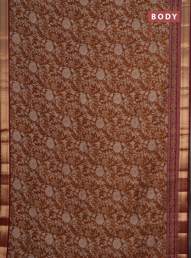 Semi maheshwari cotton saree dark mustard and maroon with allover floral prints and zari woven border