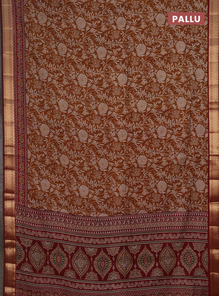Semi maheshwari cotton saree dark mustard and maroon with allover floral prints and zari woven border