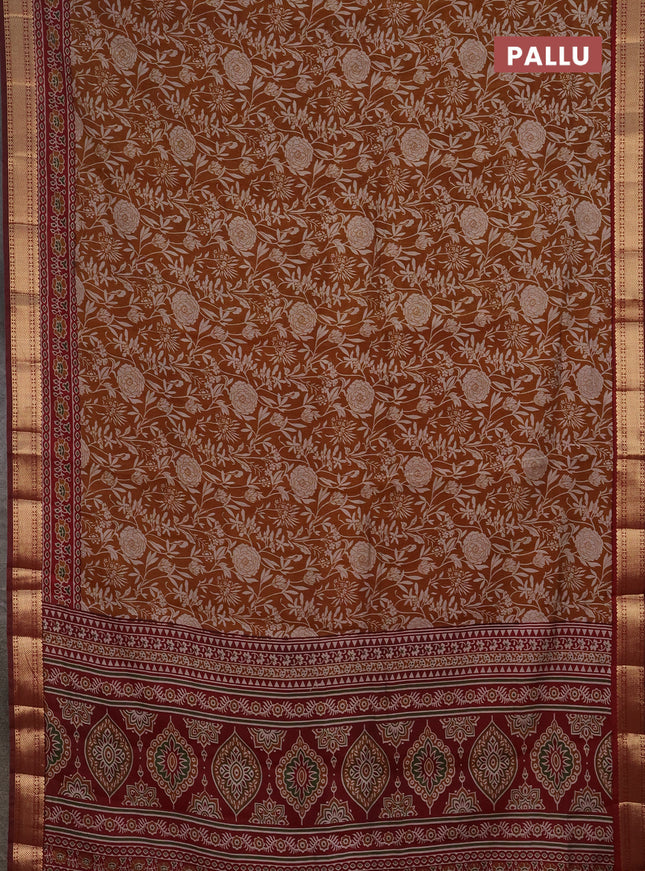 Semi maheshwari cotton saree dark mustard and maroon with allover floral prints and zari woven border
