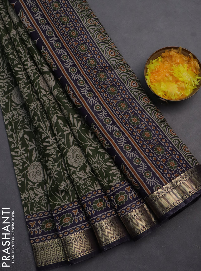Semi maheshwari cotton saree sap green and deep jamun with allover floral prints and zari woven border