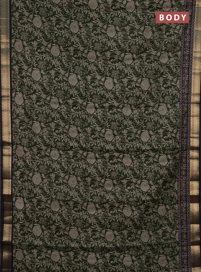 Semi maheshwari cotton saree sap green and deep jamun with allover floral prints and zari woven border