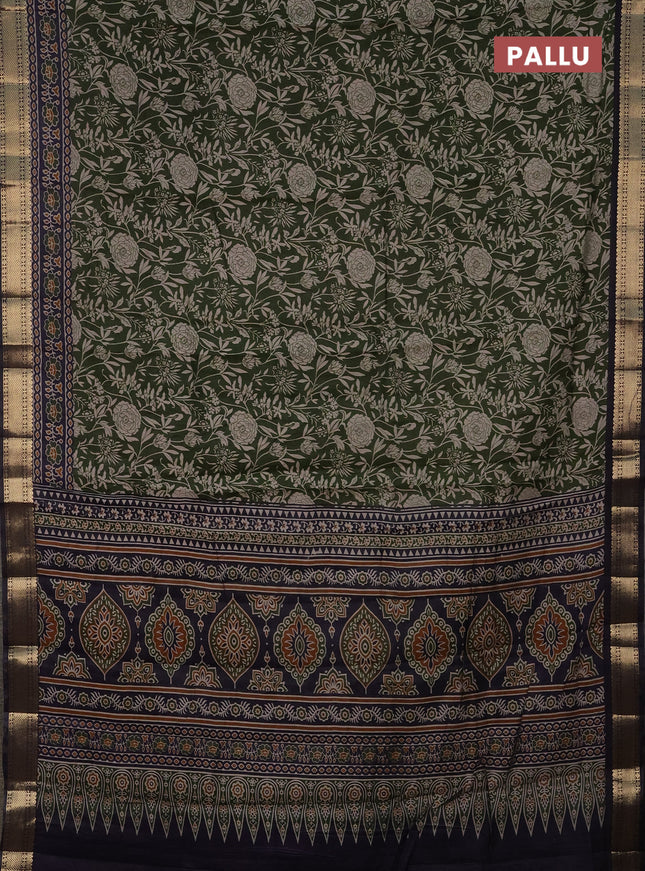 Semi maheshwari cotton saree sap green and deep jamun with allover floral prints and zari woven border