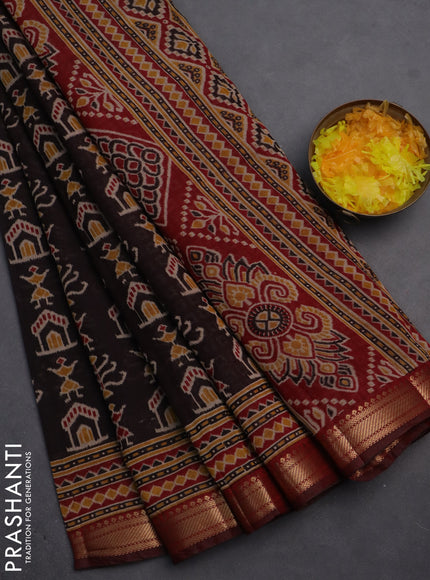 Semi maheshwari cotton saree black and maroon with ikat butta prints and zari woven border