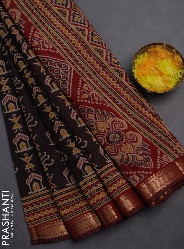 Semi maheshwari cotton saree black and maroon with ikat butta prints and zari woven border