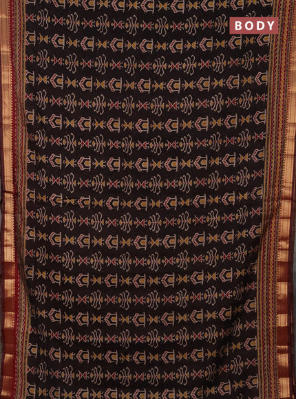Semi maheshwari cotton saree black and maroon with ikat butta prints and zari woven border