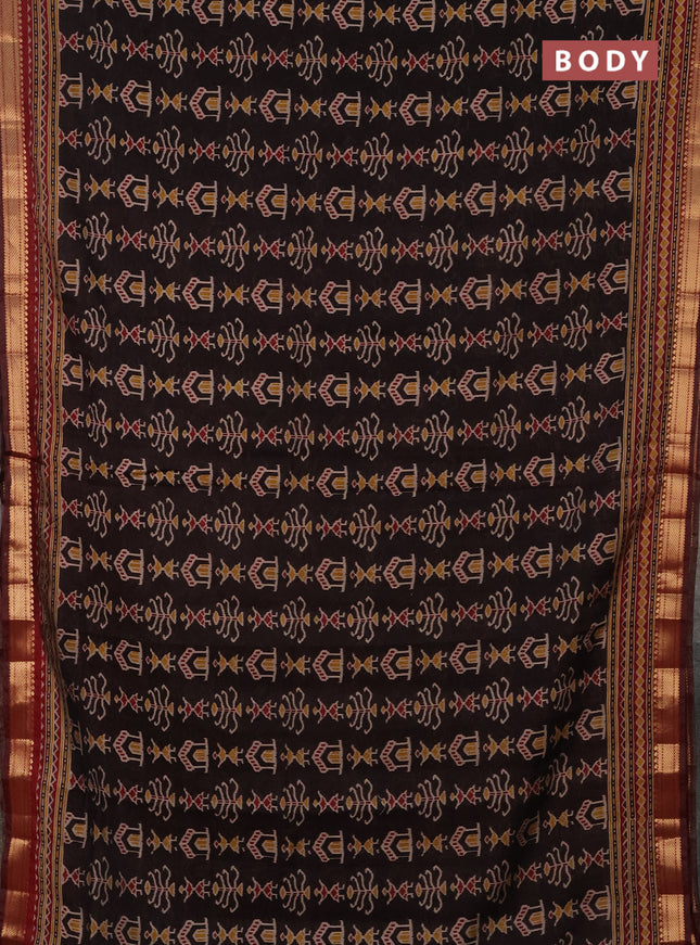 Semi maheshwari cotton saree black and maroon with ikat butta prints and zari woven border