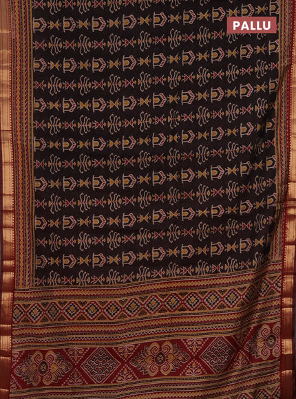 Semi maheshwari cotton saree black and maroon with ikat butta prints and zari woven border