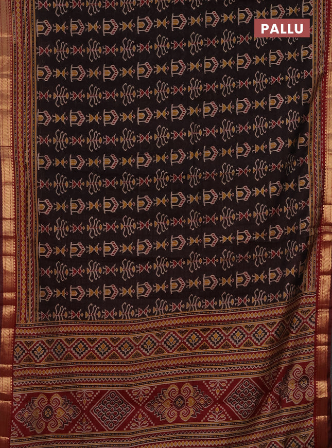 Semi maheshwari cotton saree black and maroon with ikat butta prints and zari woven border