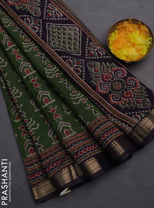 Semi maheshwari cotton saree sap green and navy blue with ikat butta prints and zari woven border