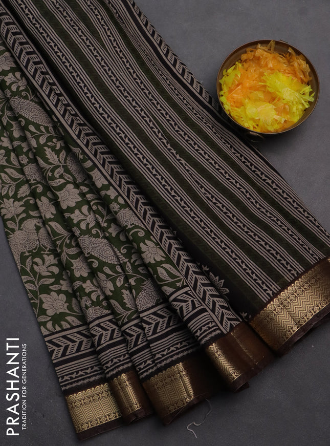 Semi maheshwari cotton saree sap green and coffee brown with allover kalamkari prints and zari woven border
