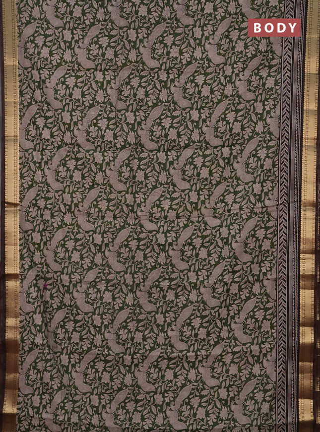 Semi maheshwari cotton saree sap green and coffee brown with allover kalamkari prints and zari woven border