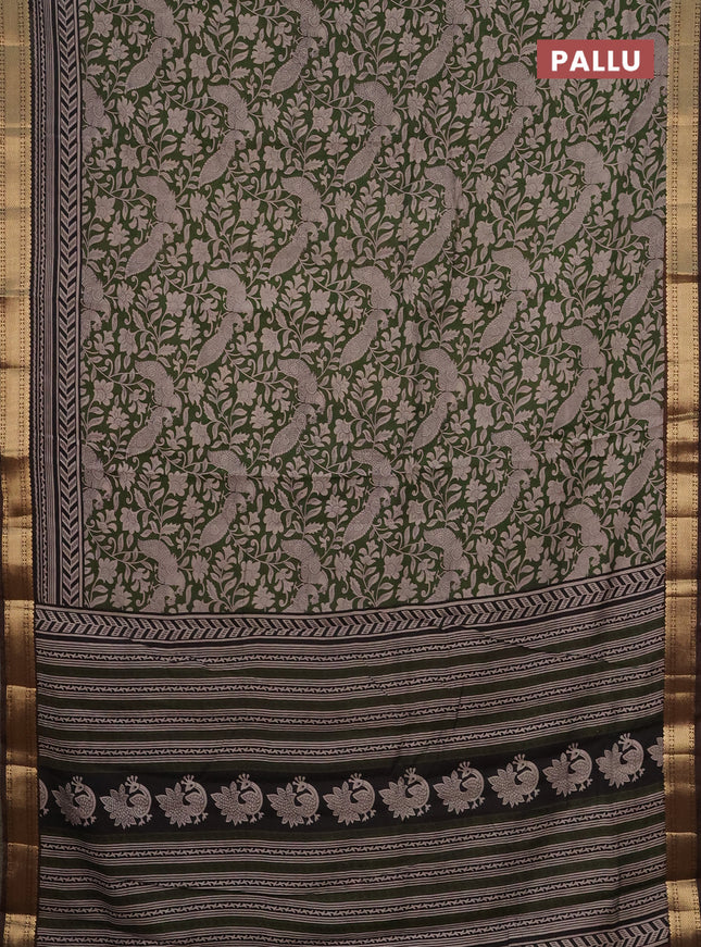 Semi maheshwari cotton saree sap green and coffee brown with allover kalamkari prints and zari woven border