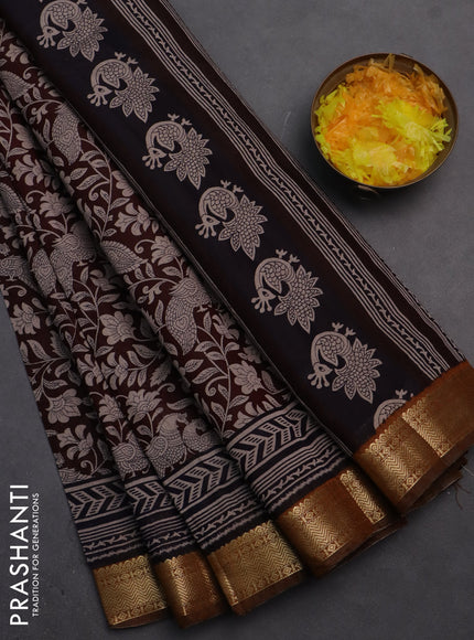 Semi maheshwari cotton saree deep maroon and dark mustard with allover kalamkari prints and zari woven border
