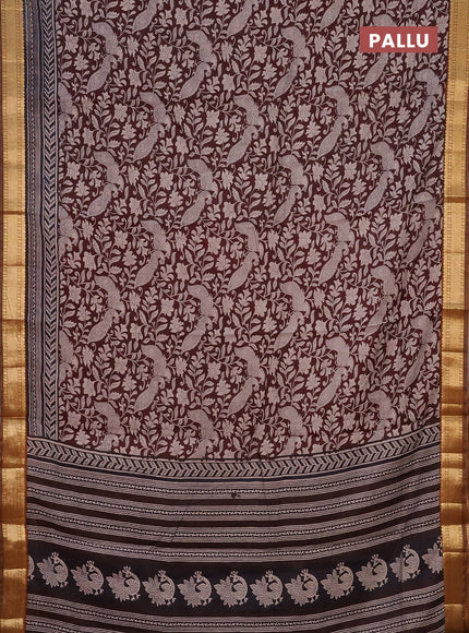 Semi maheshwari cotton saree deep maroon and dark mustard with allover kalamkari prints and zari woven border