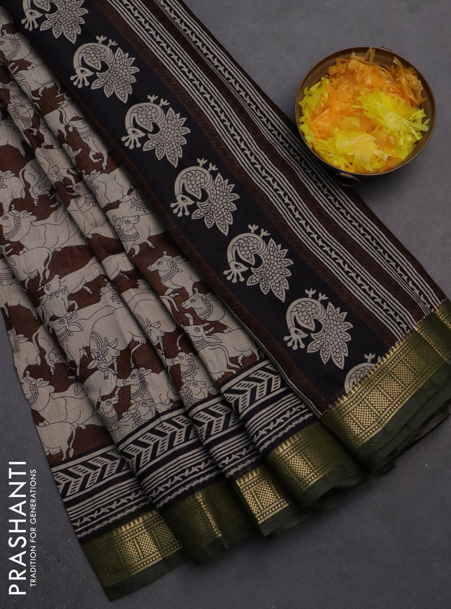 Semi maheshwari cotton saree brown and sap green with allover pichwai prints and zari woven border