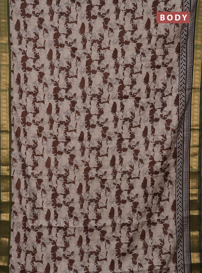 Semi maheshwari cotton saree brown and sap green with allover pichwai prints and zari woven border
