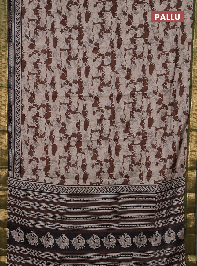 Semi maheshwari cotton saree brown and sap green with allover pichwai prints and zari woven border