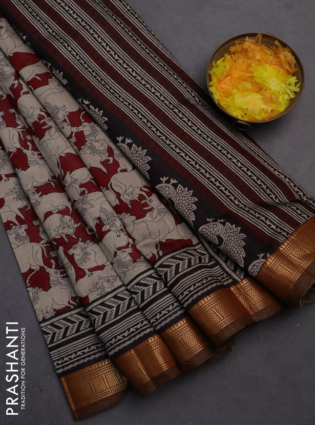 Semi maheshwari cotton saree dark mustard and maroon with allover pichwai prints and zari woven border