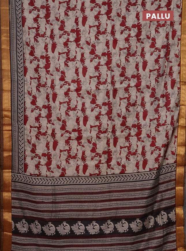 Semi maheshwari cotton saree dark mustard and maroon with allover pichwai prints and zari woven border