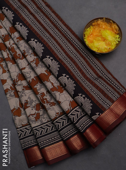 Semi maheshwari cotton saree maroon and dark mustard with allover pichwai prints and zari woven border