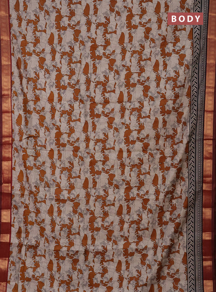 Semi maheshwari cotton saree maroon and dark mustard with allover pichwai prints and zari woven border