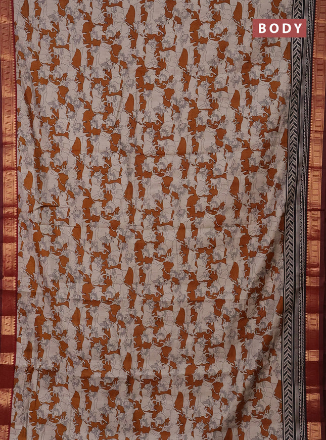 Semi maheshwari cotton saree maroon and dark mustard with allover pichwai prints and zari woven border