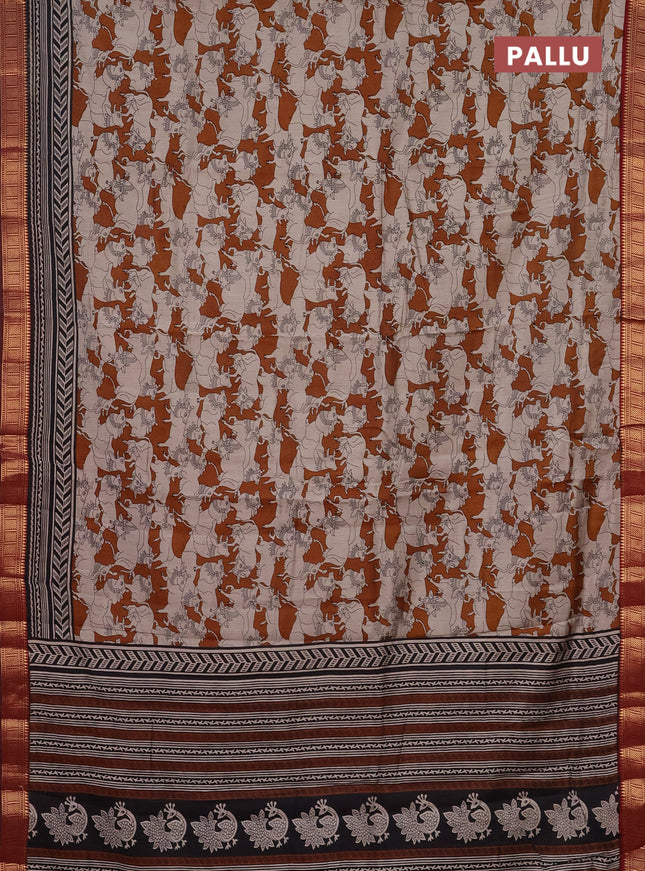 Semi maheshwari cotton saree maroon and dark mustard with allover pichwai prints and zari woven border