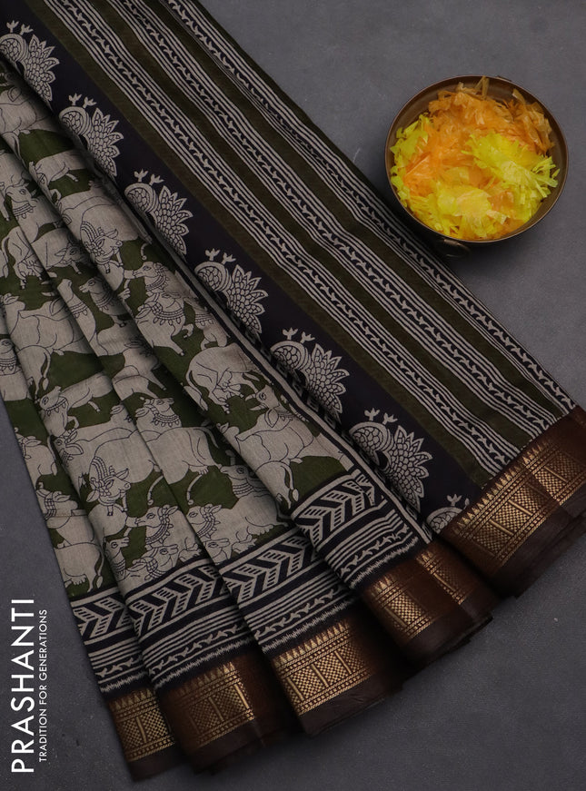 Semi maheshwari cotton saree sap green and coffee brown with allover pichwai prints and zari woven border