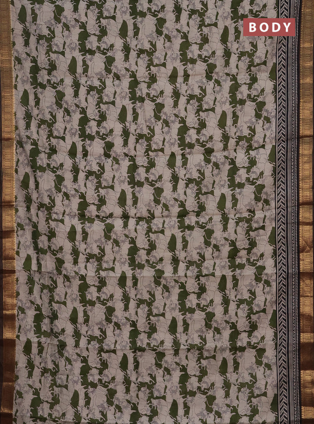 Semi maheshwari cotton saree sap green and coffee brown with allover pichwai prints and zari woven border