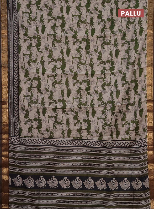 Semi maheshwari cotton saree sap green and coffee brown with allover pichwai prints and zari woven border