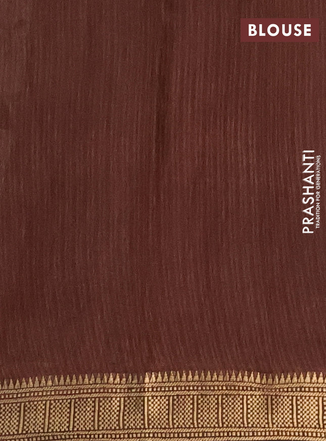 Semi maheshwari cotton saree sap green and coffee brown with allover pichwai prints and zari woven border