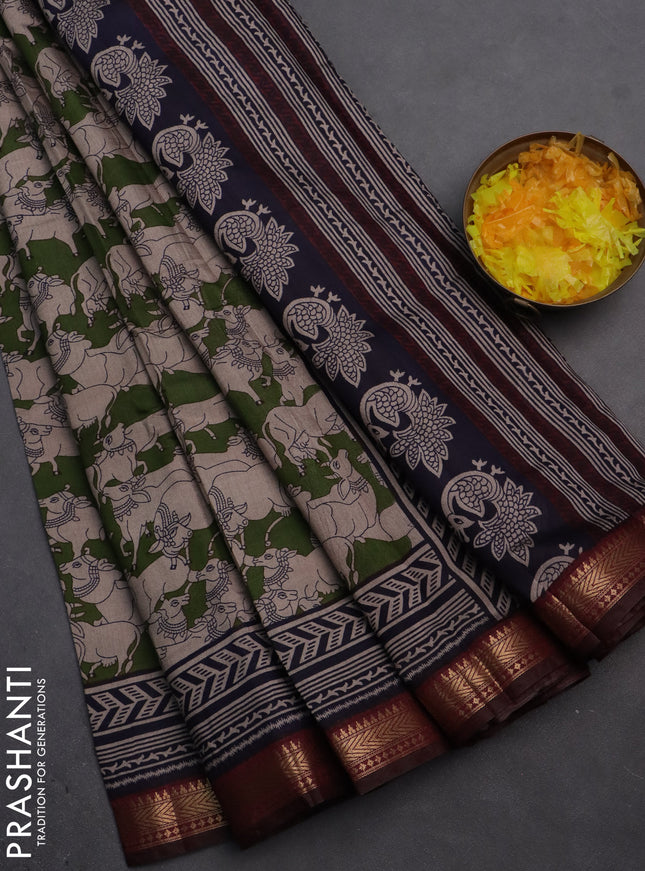 Semi maheshwari cotton saree sap green and maroon with allover pichwai prints and zari woven border