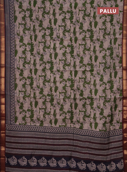Semi maheshwari cotton saree sap green and maroon with allover pichwai prints and zari woven border