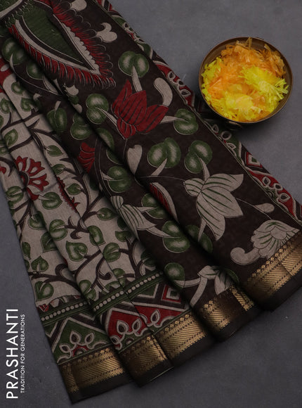 Semi maheshwari cotton saree beige green and brown with allover kalamkari prints and zari woven border