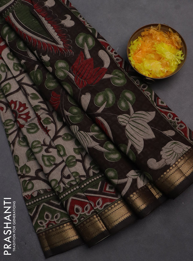 Semi maheshwari cotton saree beige green and brown with allover kalamkari prints and zari woven border