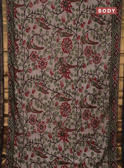 Semi maheshwari cotton saree beige green and brown with allover kalamkari prints and zari woven border