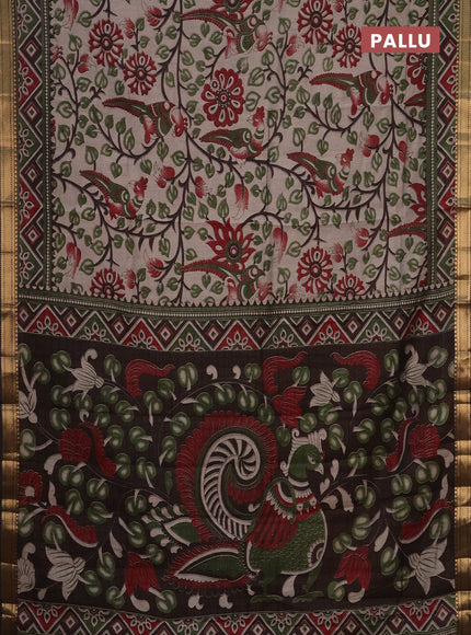 Semi maheshwari cotton saree beige green and brown with allover kalamkari prints and zari woven border