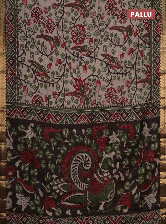 Semi maheshwari cotton saree beige green and brown with allover kalamkari prints and zari woven border