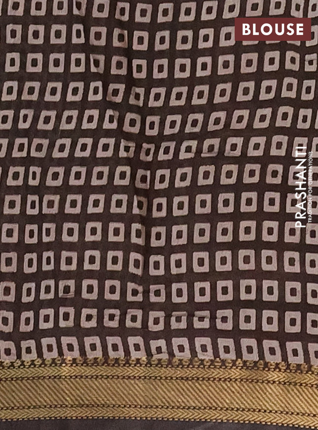 Semi maheshwari cotton saree beige green and brown with allover kalamkari prints and zari woven border