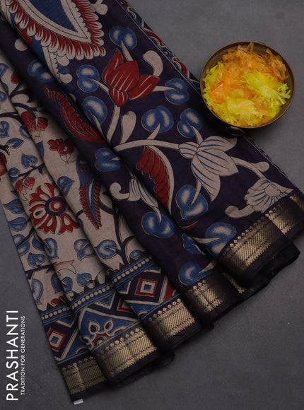 Semi maheshwari cotton saree beige and deep jamun with allover kalamkari prints and zari woven border