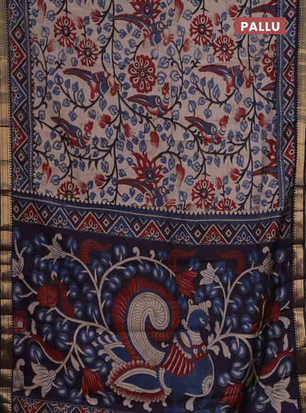 Semi maheshwari cotton saree beige and deep jamun with allover kalamkari prints and zari woven border