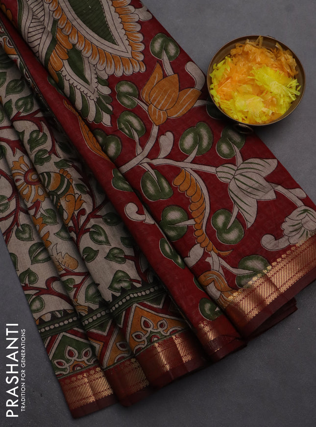 Semi maheshwari cotton saree beige and maroon with allover kalamkari prints and zari woven border
